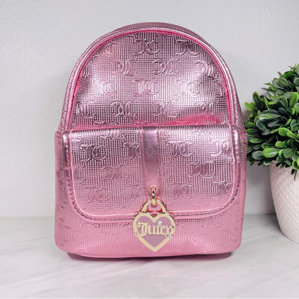 NEW Juicy Couture Metallic Pink Embossed Monogram Mini Backpack Heart Padlock